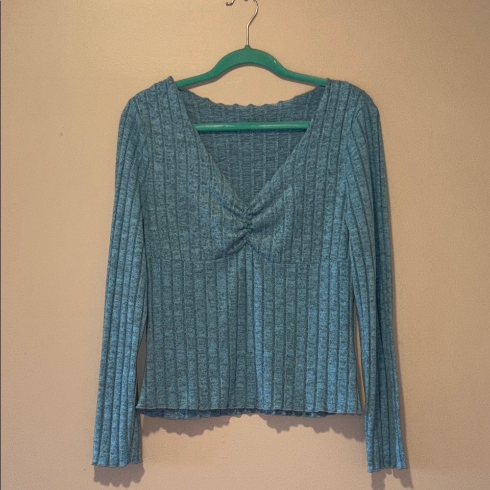 Women's Blue Ribbed Knit Top